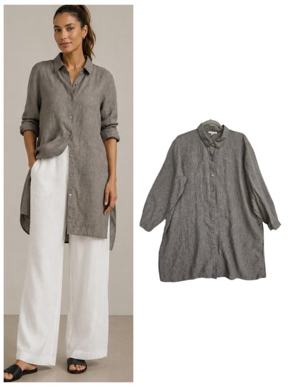 Eileen Fisher Washed Organic Linen Delave Long Shirt Tunic Gray / Brown XL